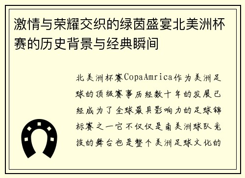 激情与荣耀交织的绿茵盛宴北美洲杯赛的历史背景与经典瞬间